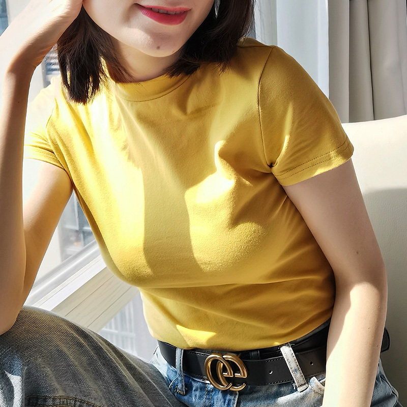 半高领短袖女修身纯棉孔雀蓝t恤 花汐拾T恤