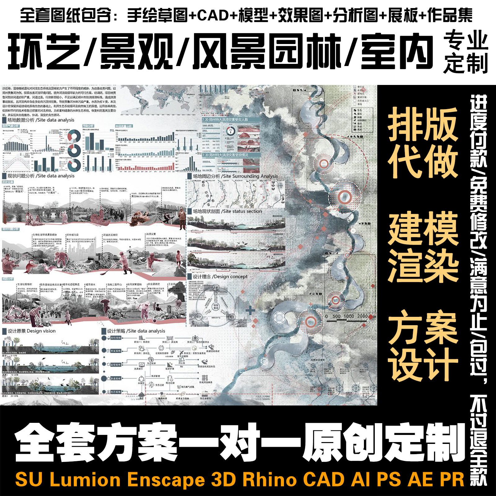 环艺景观设计代做LU渲染PS彩平分析图SU建模鸟瞰效果图作品集展板-图0