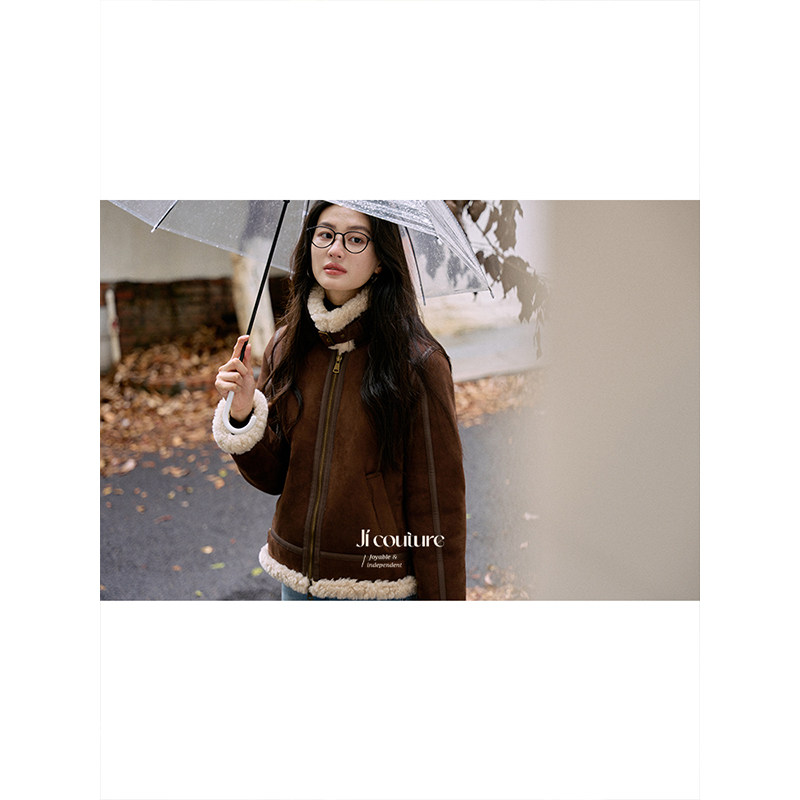Jicouture 复古立领仿皮毛一体夹克外套女冬季短款环保羊羔毛上衣,淘宝优惠券,粉丝福利购,淘宝优惠卷