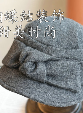 复古蝴蝶结洋气褶皱鸭舌平顶帽女