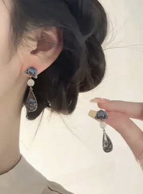 中国风新中式景泰蓝牡丹水滴耳钉