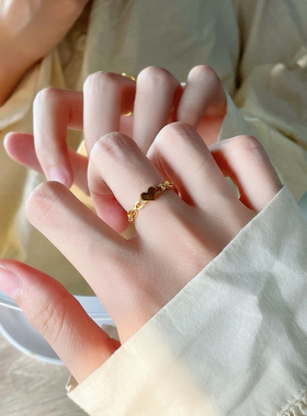 女ins小众镂空链条心形戒指开口