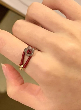 新中式花朵红绳戒指女有钱花指环