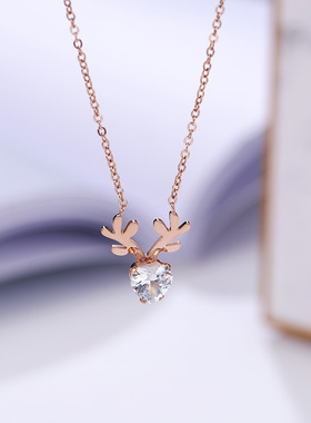 新款钛钢玫瑰金鹿角项链