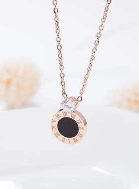 欧美钛钢玫瑰金镶钻锁骨链