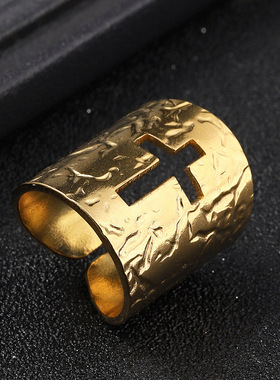欧美跨境镂空十字架钛钢戒指