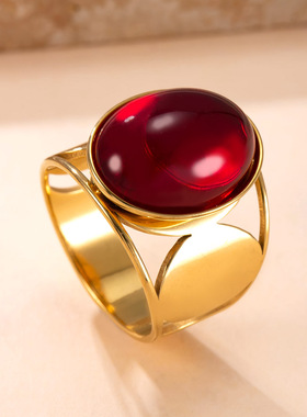 跨境钛钢天然石椭圆戒指