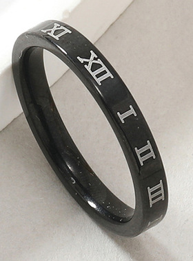 简约罗马数字镶锆石情侣钛钢戒指