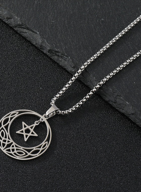 欧美跨境百搭饰品创意镂空五角星 可移动圆牌简约钛钢项链源头女