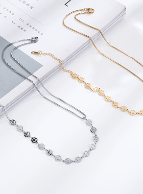 钛钢金色笑脸项链3545