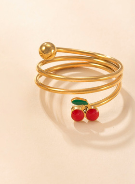 跨境新品钛钢彩色樱桃缠绕戒指