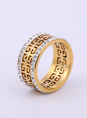 长城纹钛钢两排钻几何戒指