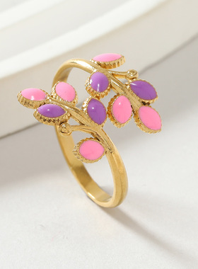 跨境不锈钢滴油树叶开口戒指