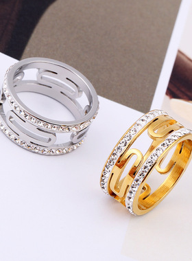 欧美跨境钛钢H形双排镶钻戒指