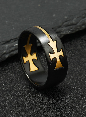 欧美跨境黑金十字架钛钢戒指
