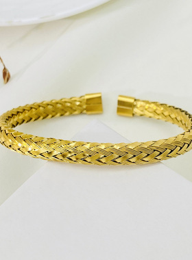 新款钛钢金色网状编织开口手镯女