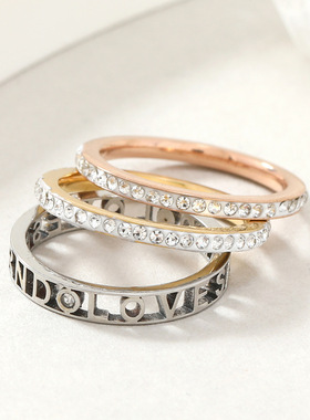 跨境不锈钢镂空罗马字镶钻情侣钛