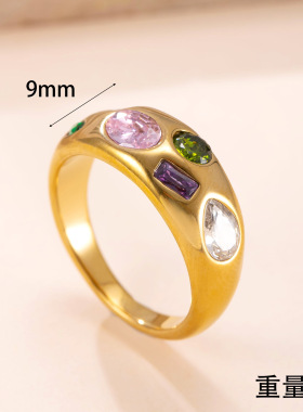 欧美复古镀18K金不锈钢彩钻戒