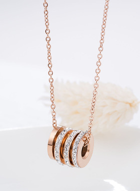 欧美风三圈镶钻钛钢项链