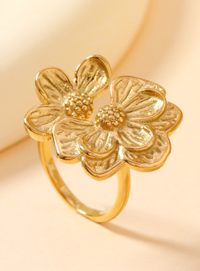 欧美法式复古钛钢贝壳花朵戒