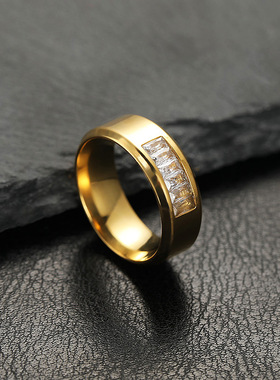 钛钢男戒8mm镶钻高级时尚