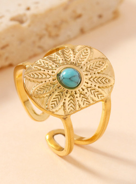 跨境复古十二叶花松石戒指