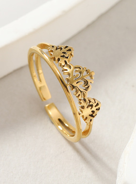 跨境轻奢三棵树钛钢戒指