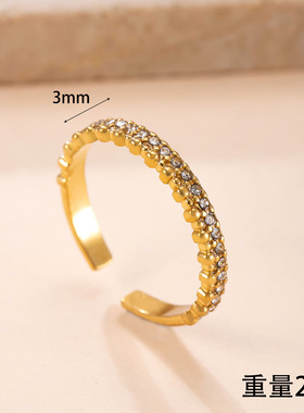 跨境新款不锈钢波点镶钻开口戒