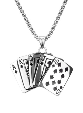 欧美时尚百搭饰品扑克牌同花顺个性铸造钛钢项链毛衣链情侣吊坠女