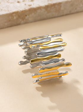 跨境钛钢镀18K金树叶戒指