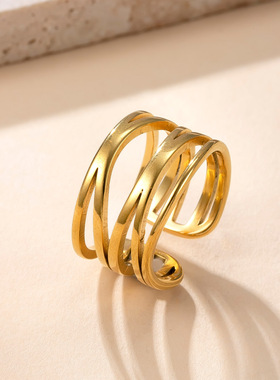 跨境新款镂空交叉线条钛钢戒指