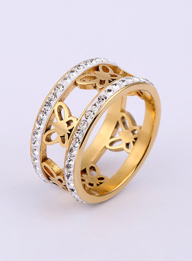 欧美风蝴蝶镶钻钛钢戒指