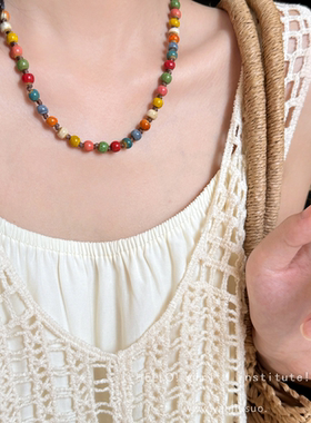 夏日多巴胺彩色陶瓷串珠项链新中式设计气质小众时尚毛衣链配饰品