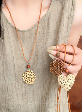 波西米亚民族风爱心月亮编织项链女夏天海边小众设计独特长款配饰