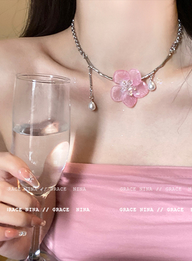 日韩甜美珍珠流苏花朵项链