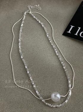 日韩双层叠戴碎银子珍珠项链
