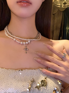 千金缪斯 叠戴十字架珠珠轻奢设计项链甜酷choker锁骨链配饰女生