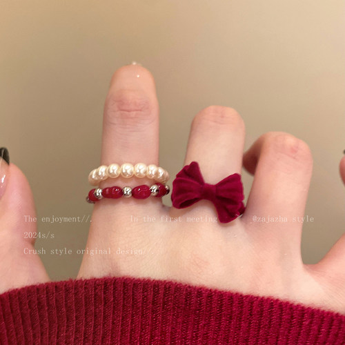 安可拉红色丝绒珠珠戒指女款甜美叠戴食指戒轻奢高级指环小众气质 - 图2