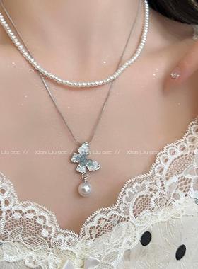 日韩超仙蓝色水晶珍珠蝴蝶项链