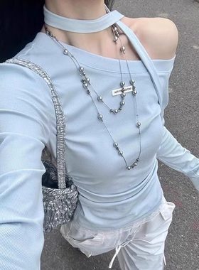 高级感多层灰色珠珠项链女毛衣链轻奢小众锁骨颈链配饰