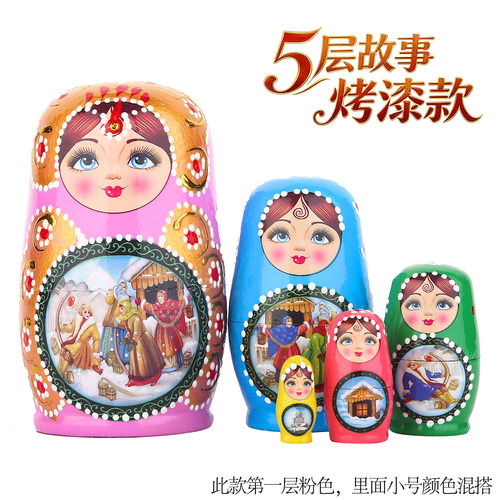 俄罗斯套娃 5层烤漆故事套娃套娃原木儿童玩具一套蒙台梭利教具 - 图2