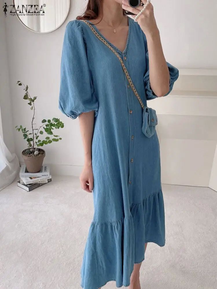 Women Denim Blue Robes Longue  Oversized Fashion Summer Puff - 图0