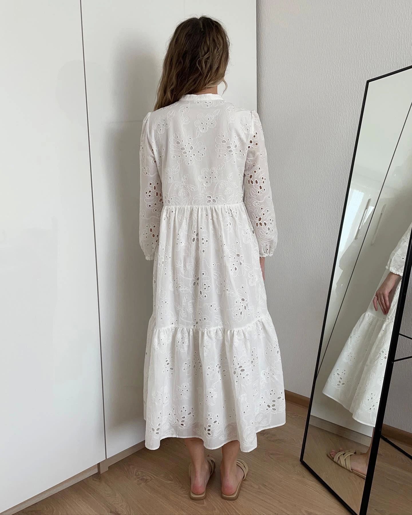 New Women Elegant Embroidered Lace White Female Splicing Dre - 图0