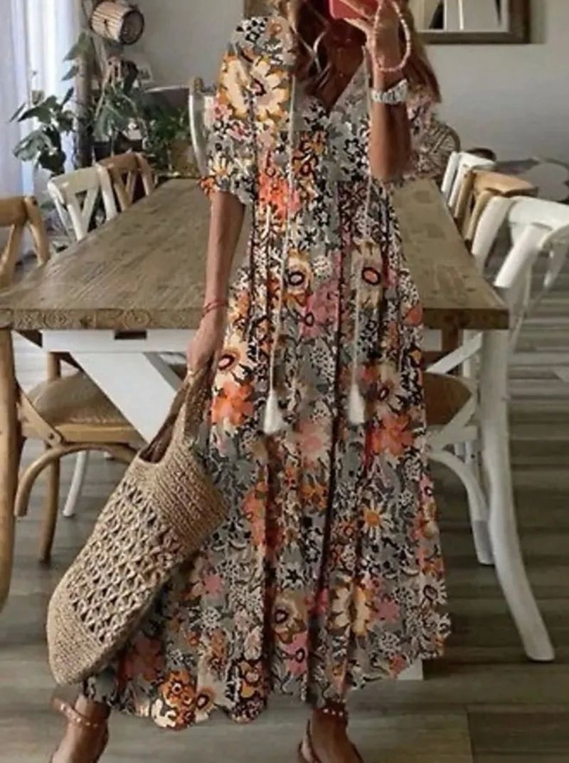 Boho Maxi Dress Women Summer 2023 V Neck Loose Long Dresses - 图0