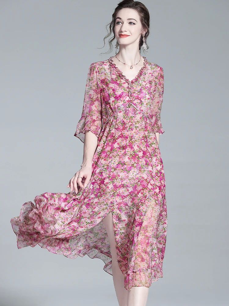 Women Chic Floral Printing Chiffon Dress V-Neck Purple Elega - 图0