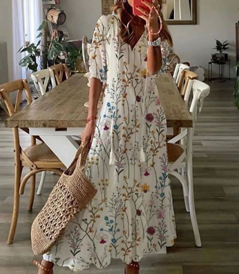 Boho Maxi Dress Women Summer 2023 V Neck Loose Long Dresses - 图3