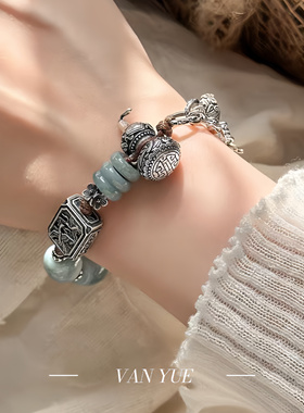 S925银仙鹤镂空方块八仙葫芦鱼纹瓜珠翡翠桶珠手链复古小众手链