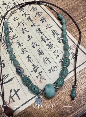 S925银小鱼扎基吊牌玛瑙翡翠铜钱雕刻桶珠苹果珠抽绳项链多样性发