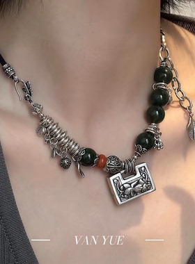 S925银碧玉圆珠方形锦鲤锁蝴蝶扣手链diy项链