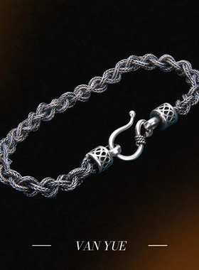 S925纯银复古做旧麻花编织手链男女个性男士粗手饰泰银民族风链子